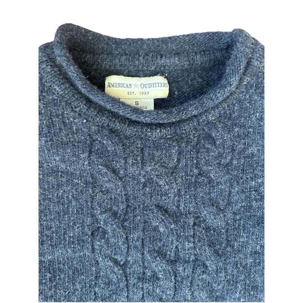 Vintage American Outfitters Cable Knit Navy Roll Neck Wool Sweater Boy's Size S